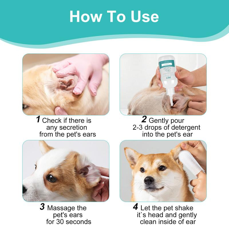 Dog Ear Cleaner Set, 4Oz Dog Ear Cleaning Solution & 20Pcs Cotton Swabs & 20Pcs Finger Covers, Ear Cleaner for Cats Pet Earcleaner