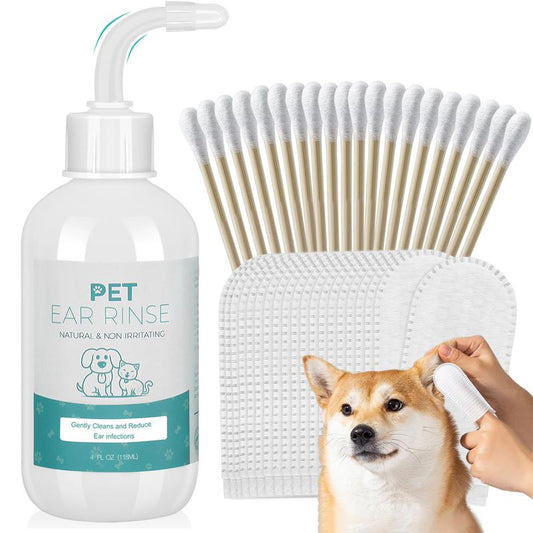 Dog Ear Cleaner Set, 4Oz Dog Ear Cleaning Solution & 20Pcs Cotton Swabs & 20Pcs Finger Covers, Ear Cleaner for Cats Pet Earcleaner